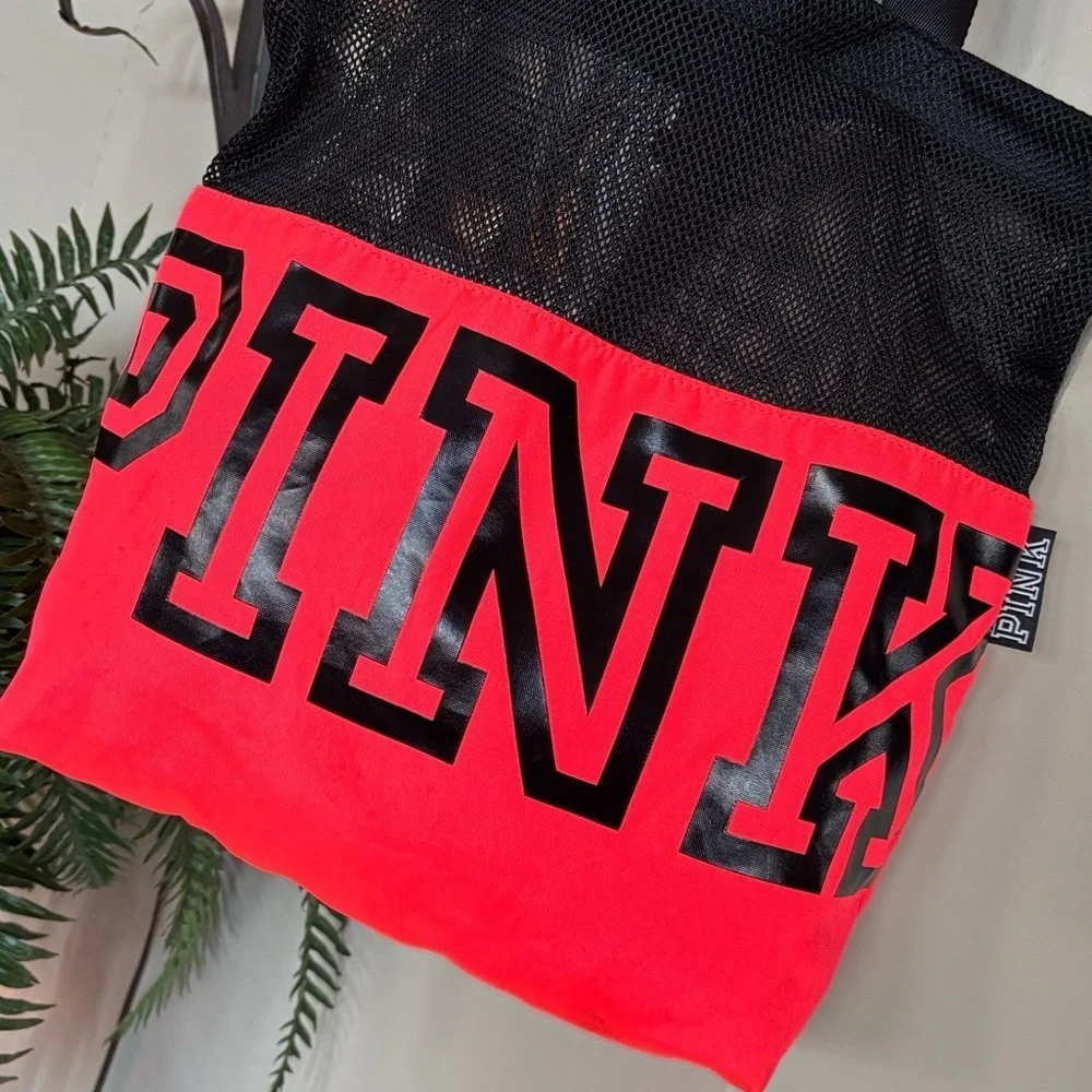 PINK Victoria's Secret Neon Coral & Black Mesh Beach Tote Bag Graphic Logo Y2K